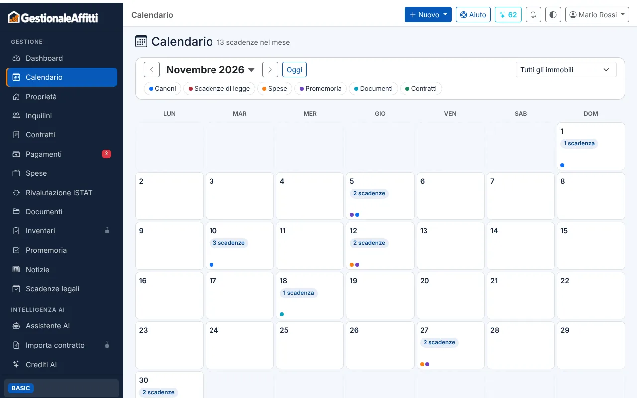 Calendario mensile con i giorni che mostrano il numero di scadenze e i pallini colorati per tipologia