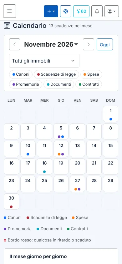Calendario sul telefono con la griglia del mese e i filtri per tipologia