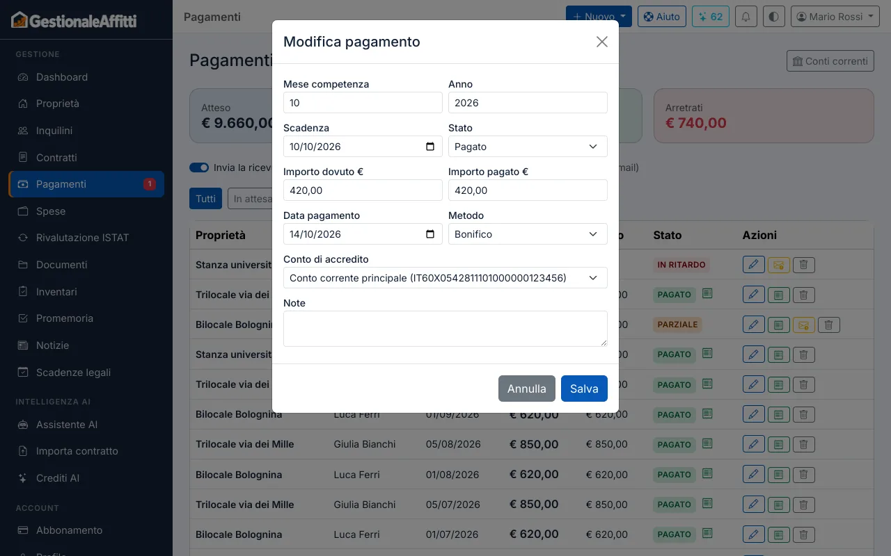 Finestra di registrazione di un pagamento con importo, data e metodo