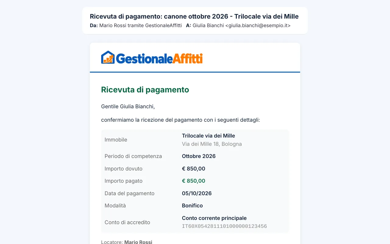Email con la ricevuta del canone: immobile, periodo, importo, data e conto di accredito
