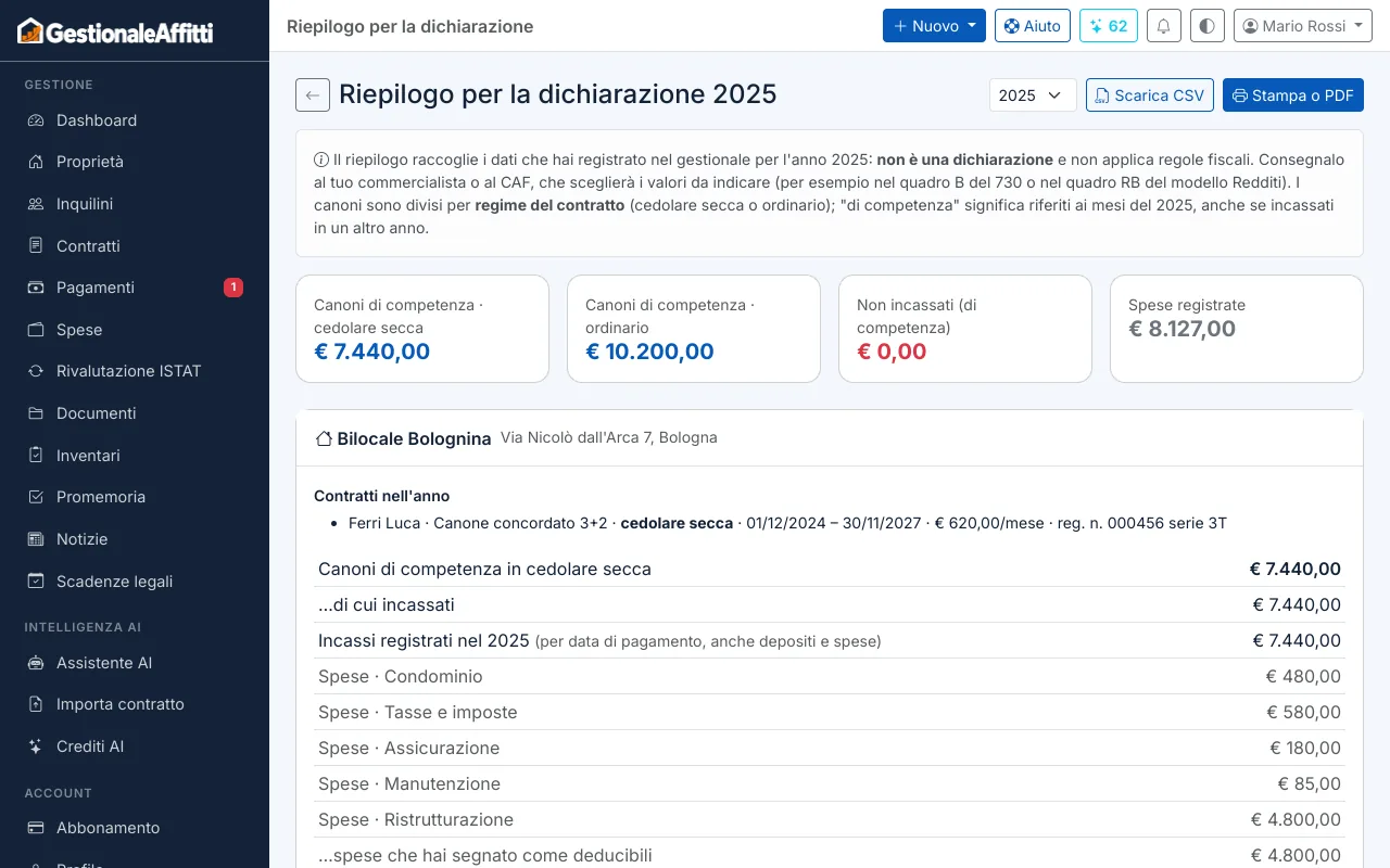 Riepilogo per la dichiarazione con i canoni divisi fra cedolare secca e regime ordinario