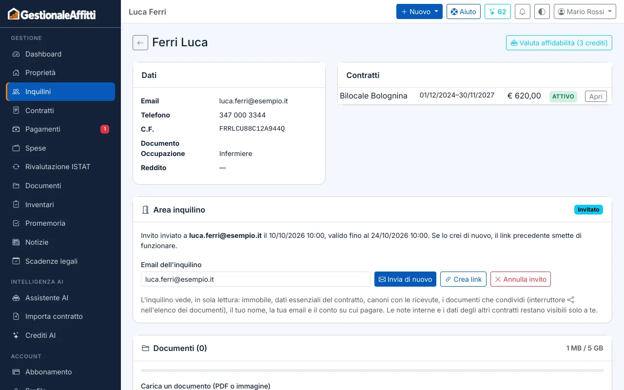 Scheda dell'inquilino con l'invito all'Area inquilino: invio per email, link da copiare e stato