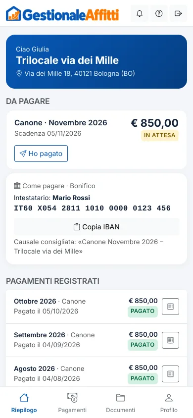 Area inquilino sul telefono: canone da pagare, IBAN e pagamenti registrati