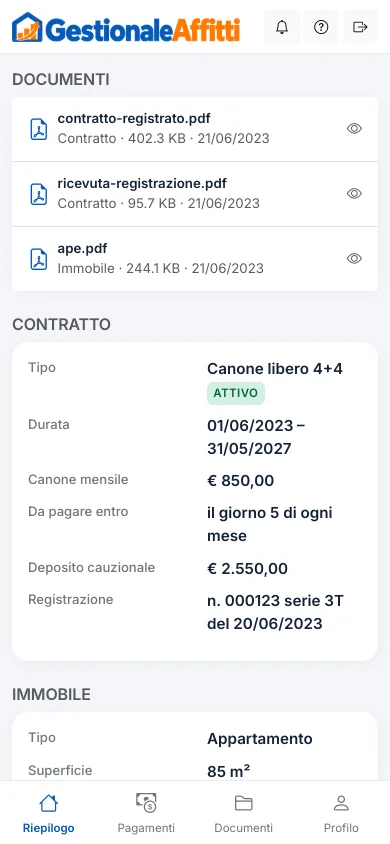 Documenti condivisi e dati del contratto nell'area inquilino sul telefono