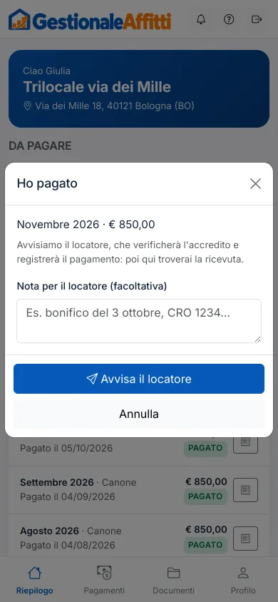 Finestra «Ho pagato» con cui l'inquilino avvisa il locatore del pagamento