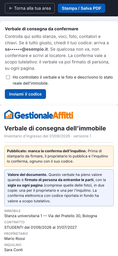 Verbale di consegna da confermare nell'area dell'inquilino sul telefono