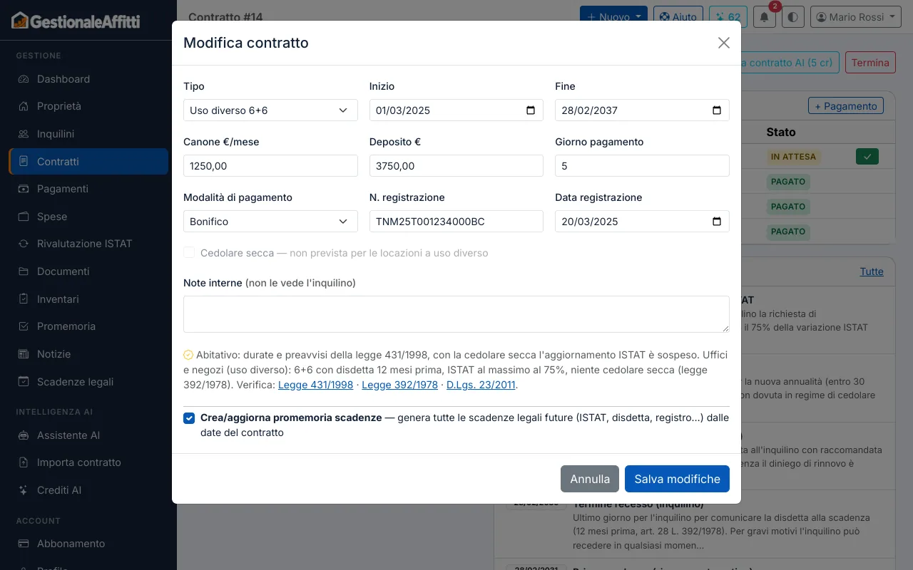 Contratto a uso diverso 6+6 con canone, deposito e inquilino impresa
