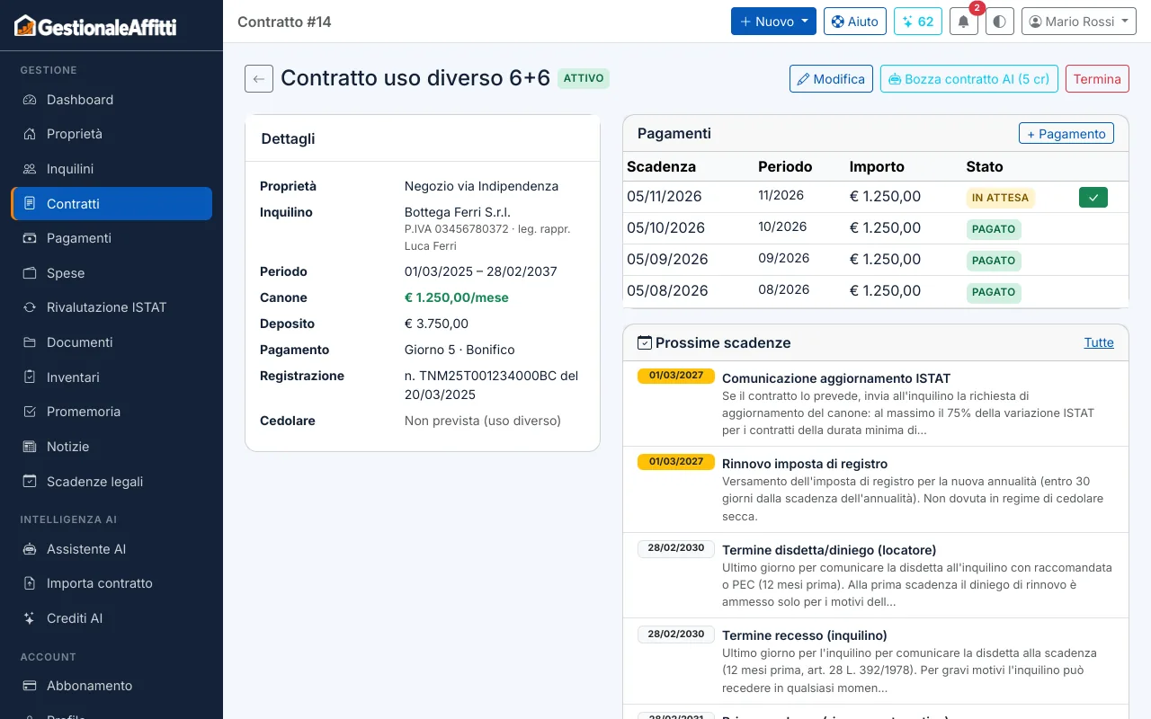 Scadenze di un contratto a uso diverso 6+6 con disdetta 12 mesi prima e aggiornamento ISTAT