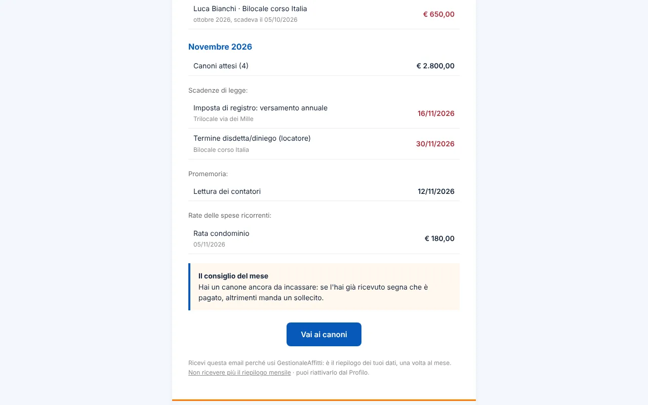 Seconda parte del riepilogo con scadenze di legge, promemoria, rate e il consiglio del mese