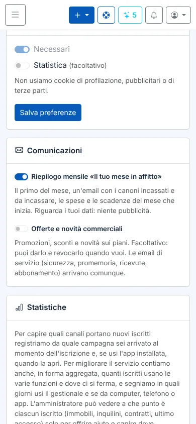 Profilo con la sezione Comunicazioni e l'interruttore del riepilogo mensile sul telefono