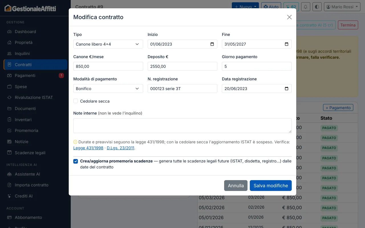 Modifica del contratto con tipo, date, canone e la casella per aggiornare le scadenze