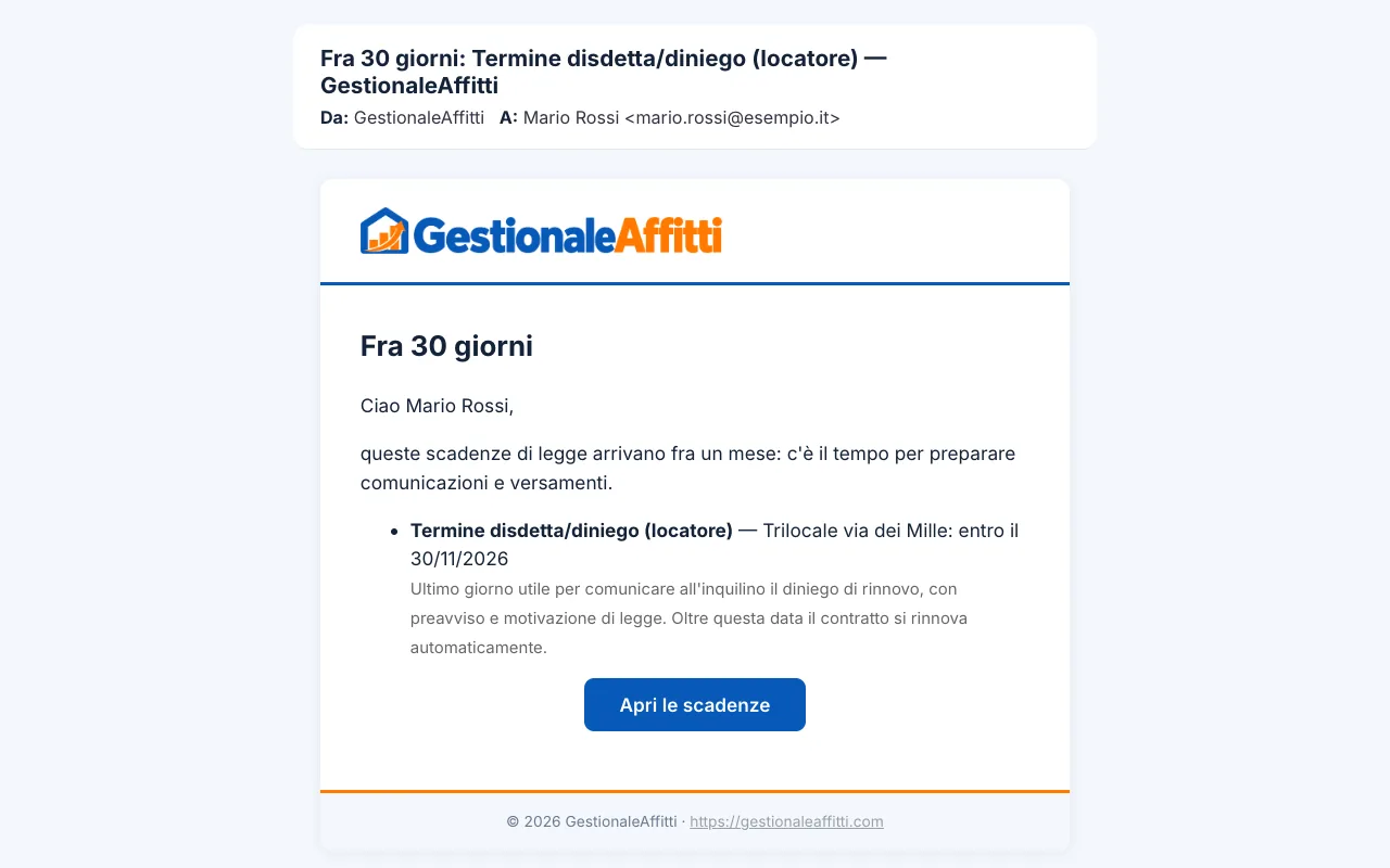 Email di avviso 30 giorni prima del termine per la disdetta
